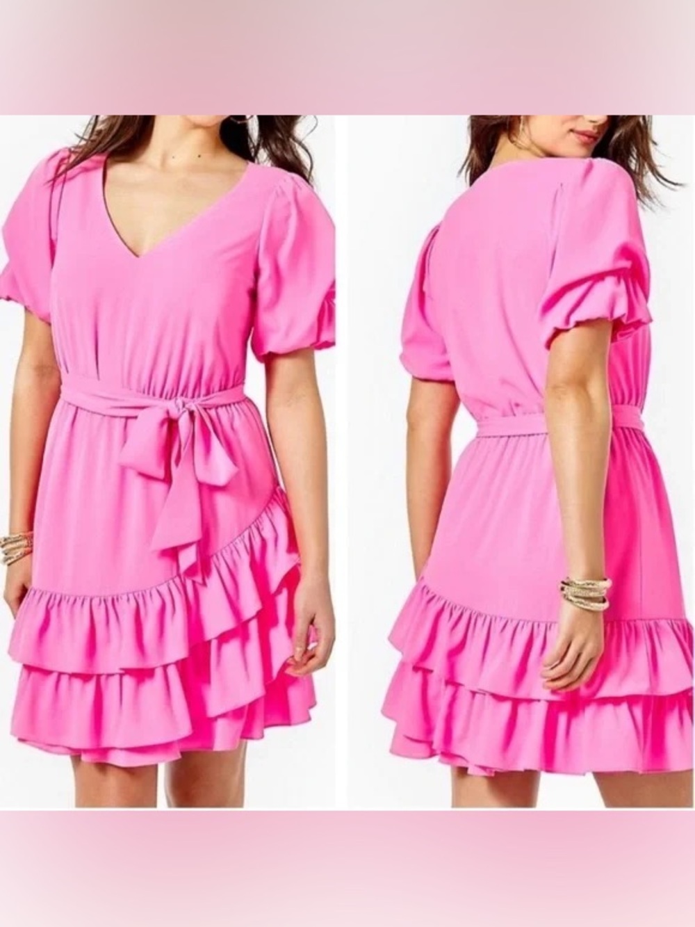 Lilly Pulitzer Hot Pink V-Neck Ruffle Tie-Waist Mini Dress 996